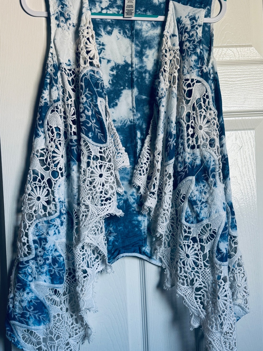 Chico's Blue and White Crochet Lace Open Vest